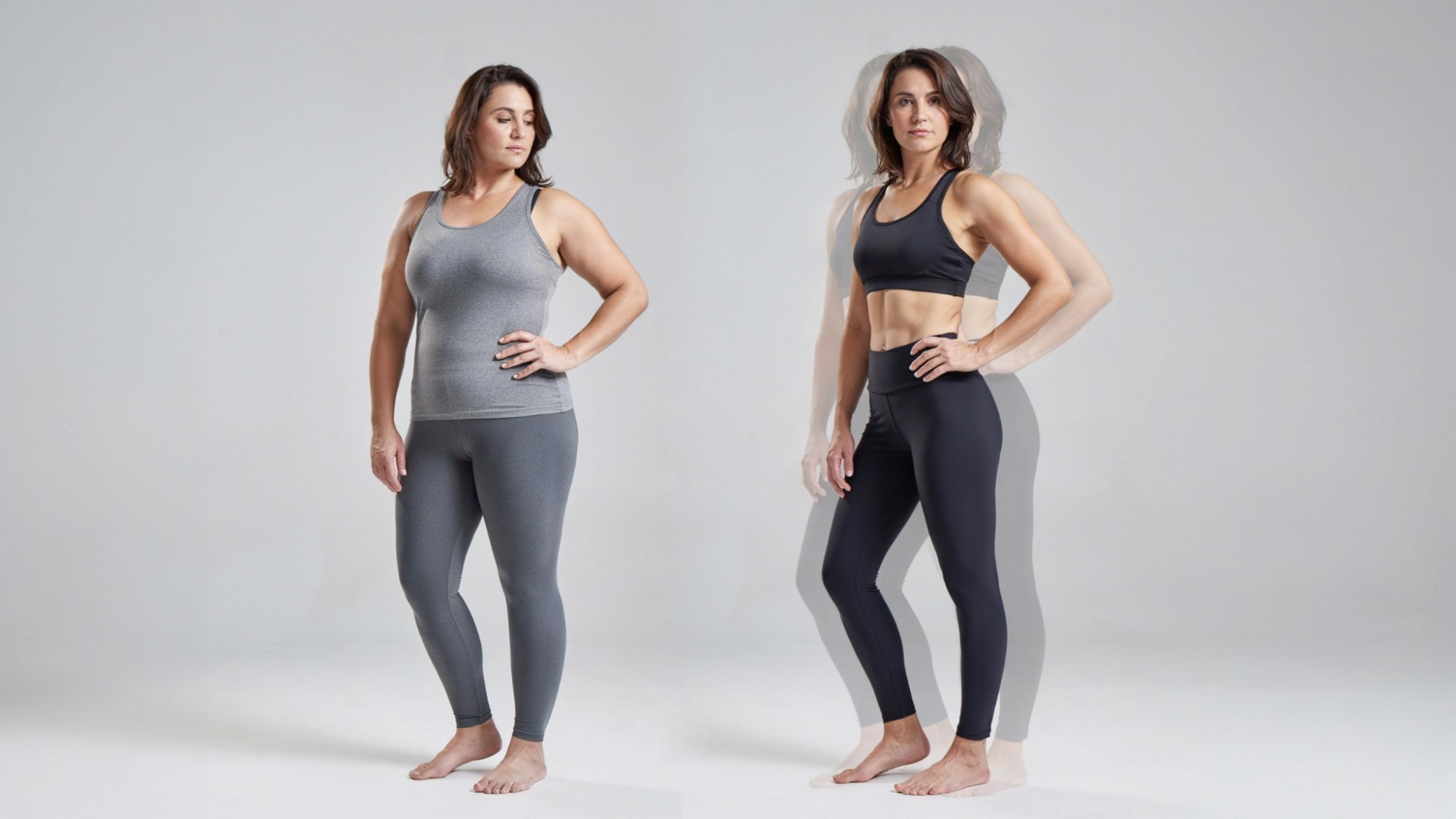 Female body recomposition concept showing fat loss and muscle building through strength training, nutrition, and fitness habits.