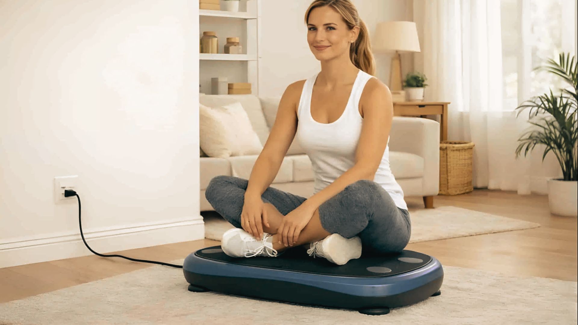 A woman in a white tank top and gray leggings sits cross-legged on a vibration plate in a bright living room.