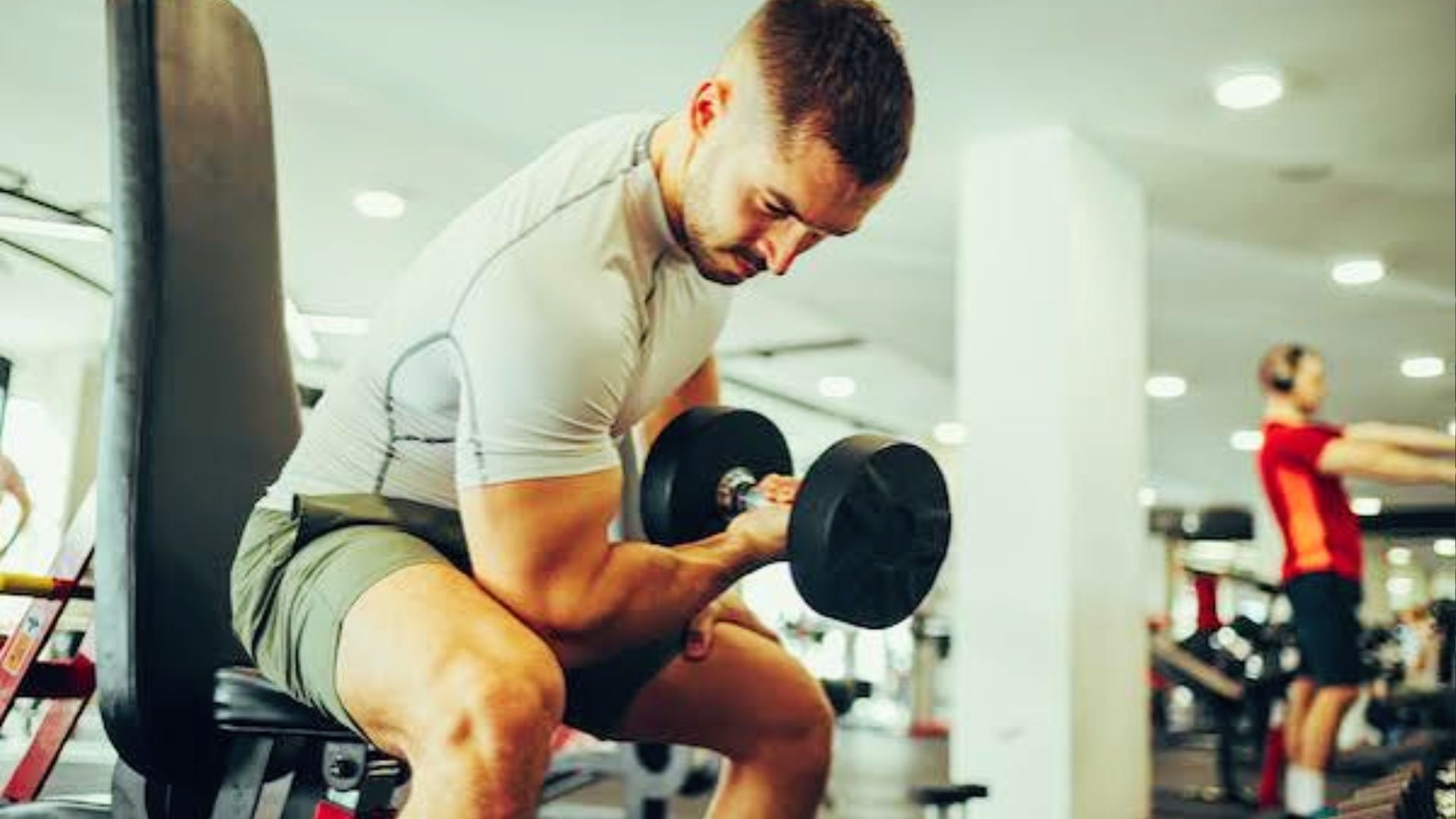 A man in a white fitted shirt and olive shorts sits on a gym bench performing a dumbbell concentration curl, focusing on his biceps.