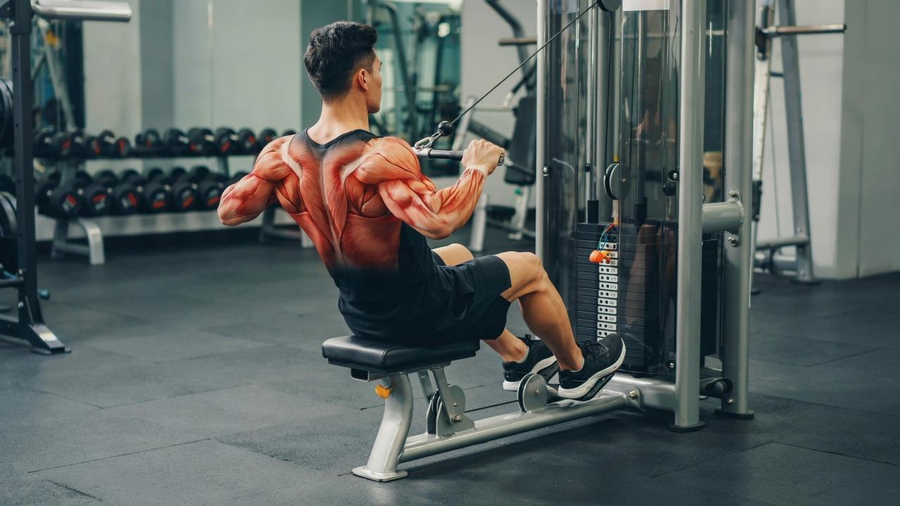 Seated cable row emphasizing the lats, rhomboids and trapezius.