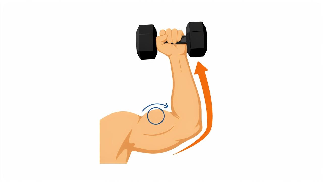 Illustration of a bicep curl showing the concentric phase, with the arm lifting a dumbbell and muscle shortened during the push.