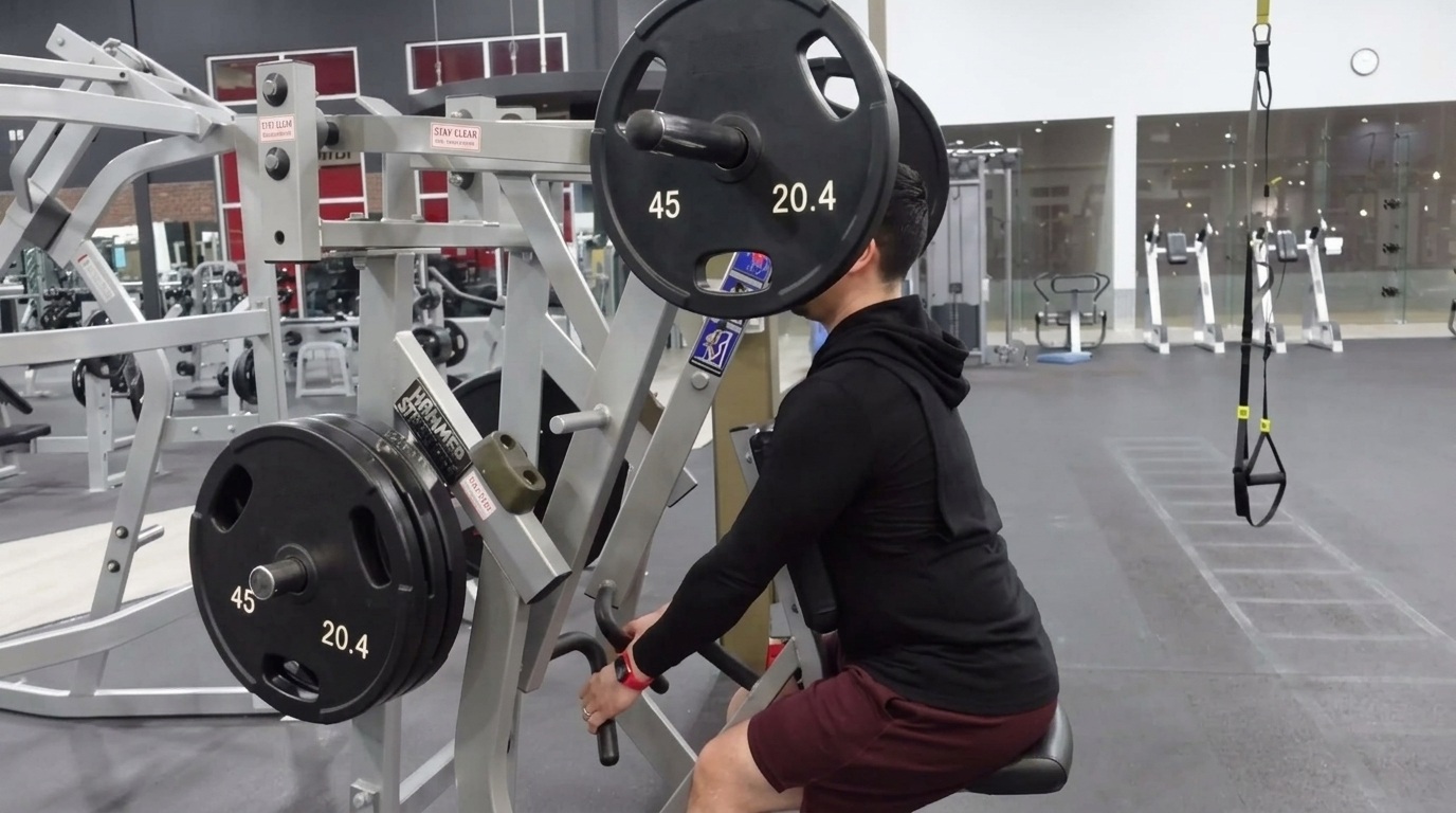 Side view of a man on a plate-loaded Iso Lateral Row with 45 lb plates, driving elbows back toward his torso.