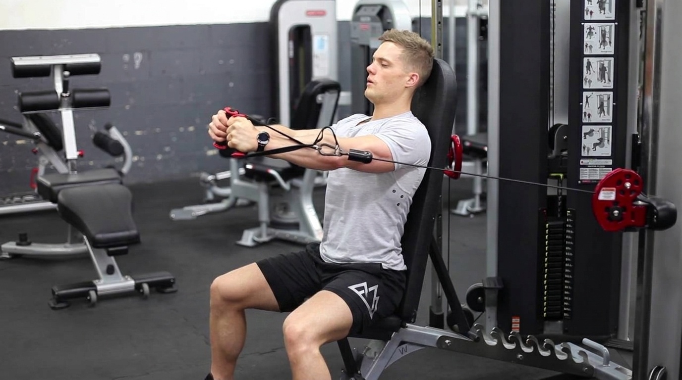 Man in a gray t-shirt and black shorts performs a seated cable fly on an incline bench, pressing handles together in front of his chest.