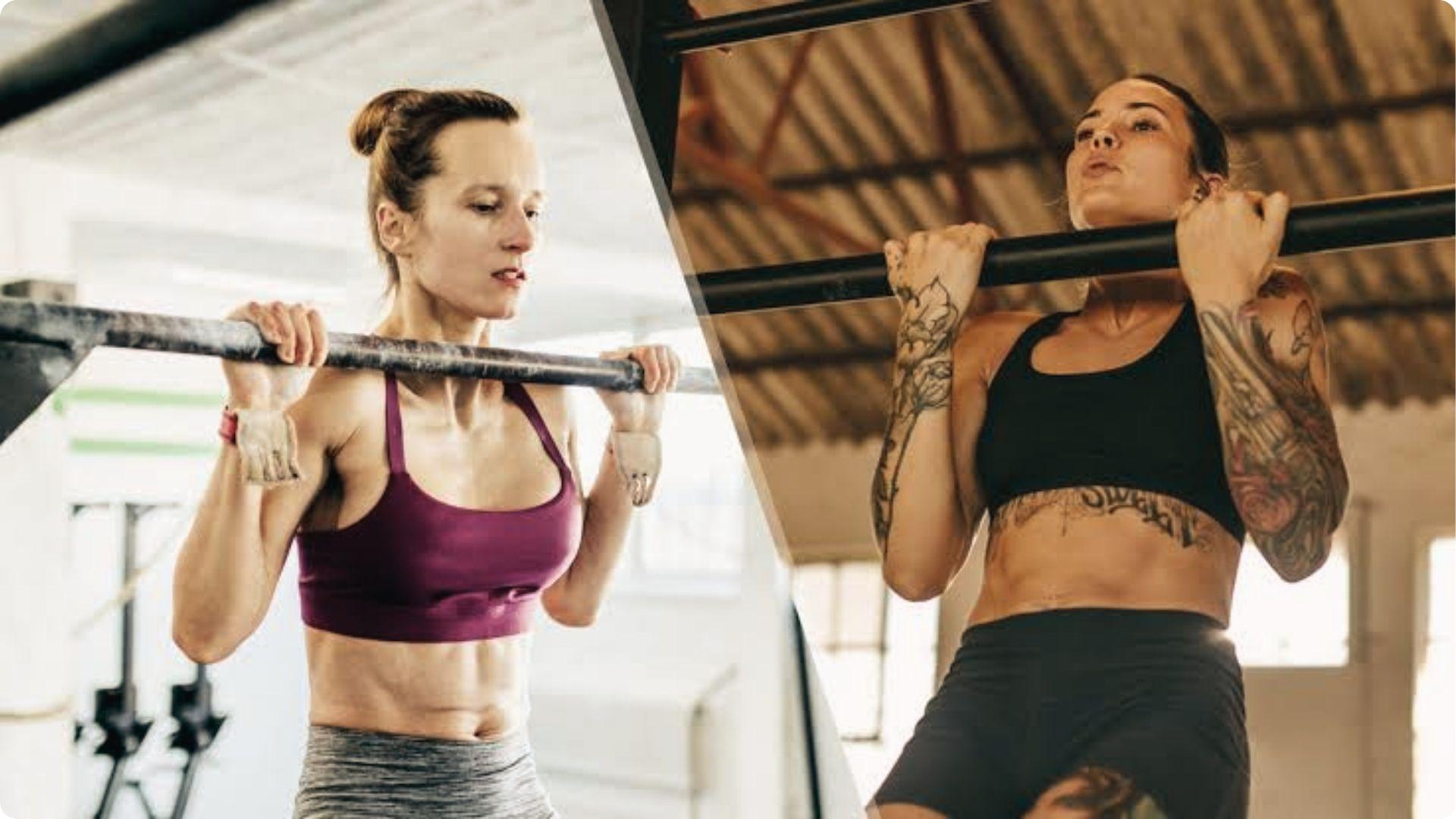 Split image of two women doing chin-ups/pull-ups, comparing grip width on shoulders