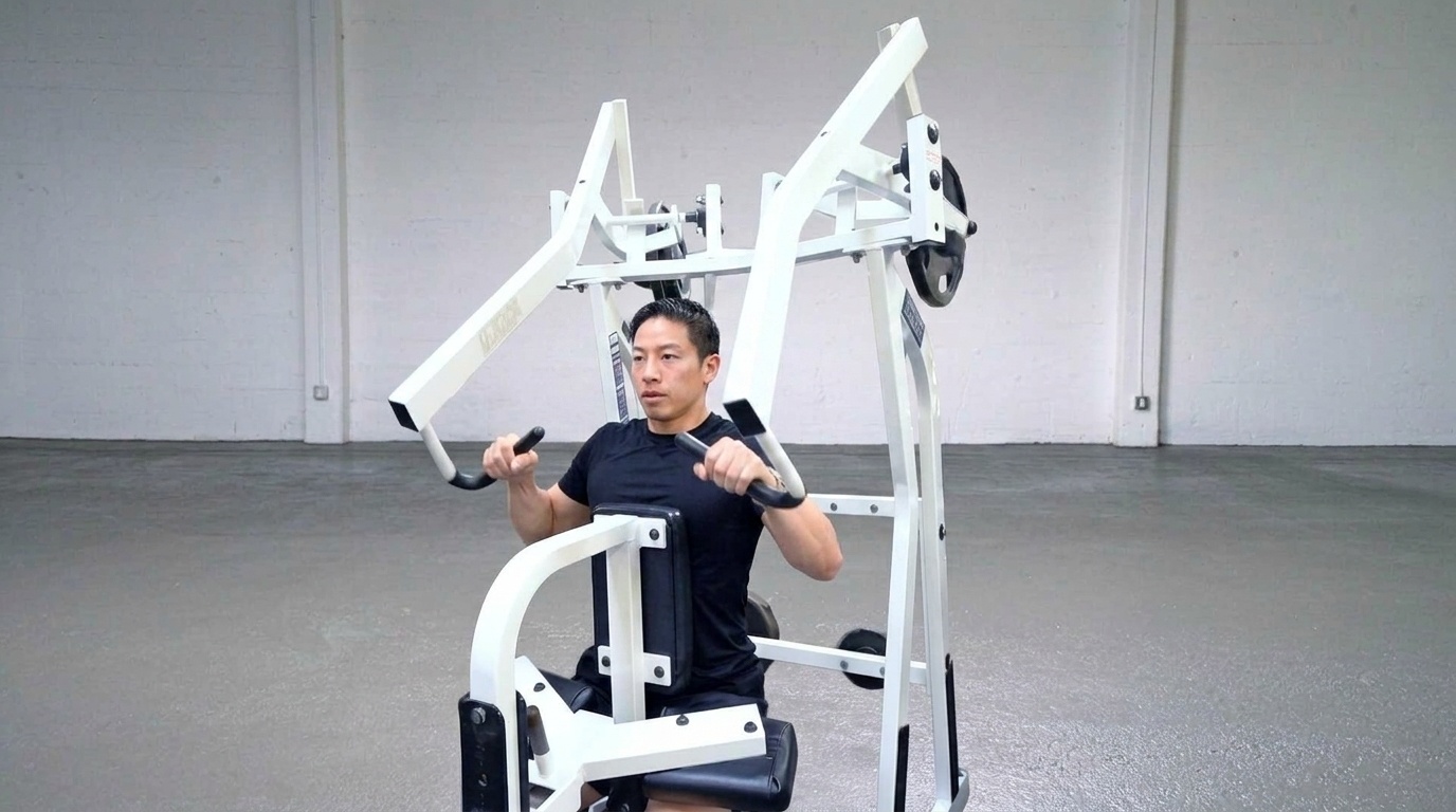 Hammer Strength upper back row machine exercise.
