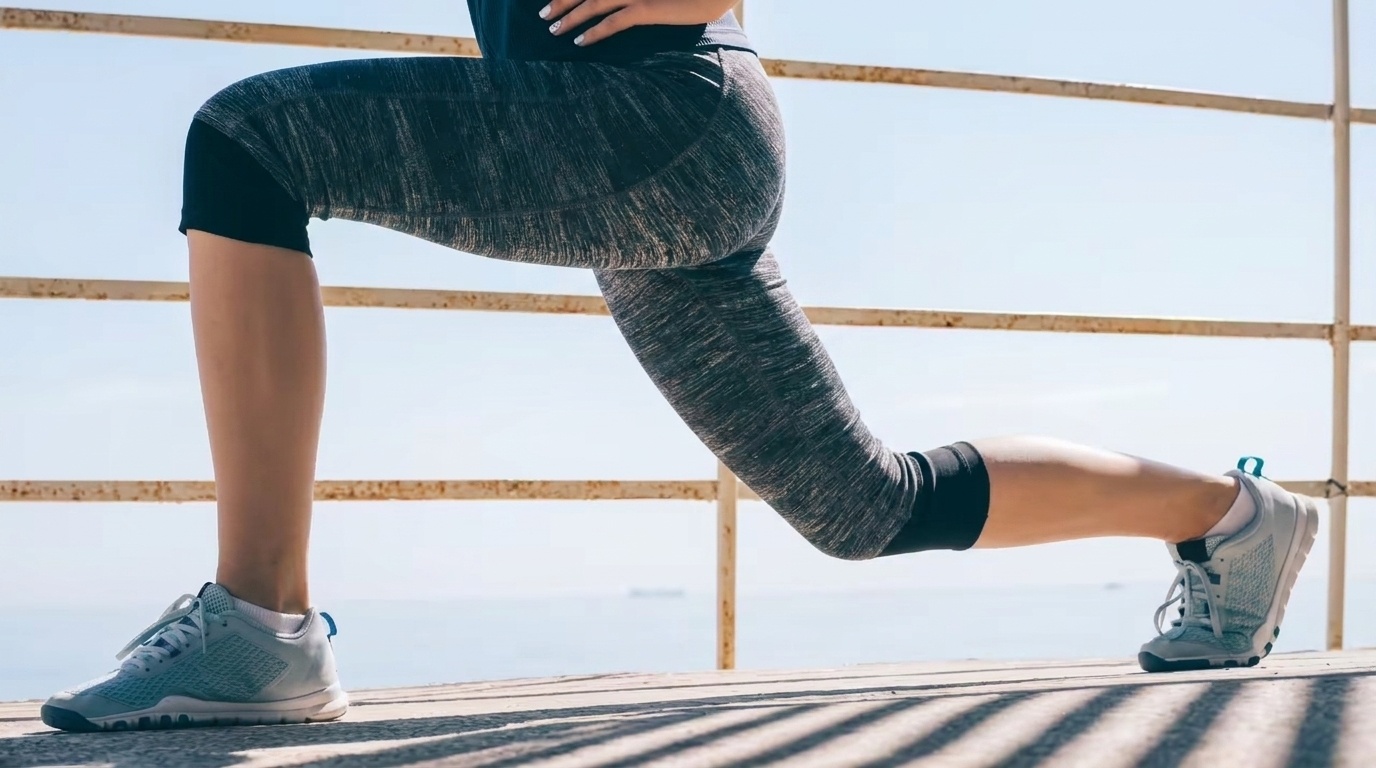 Close-up of a woman’s legs in a deep lunge outdoors, wearing gray leggings and white sneakers.
