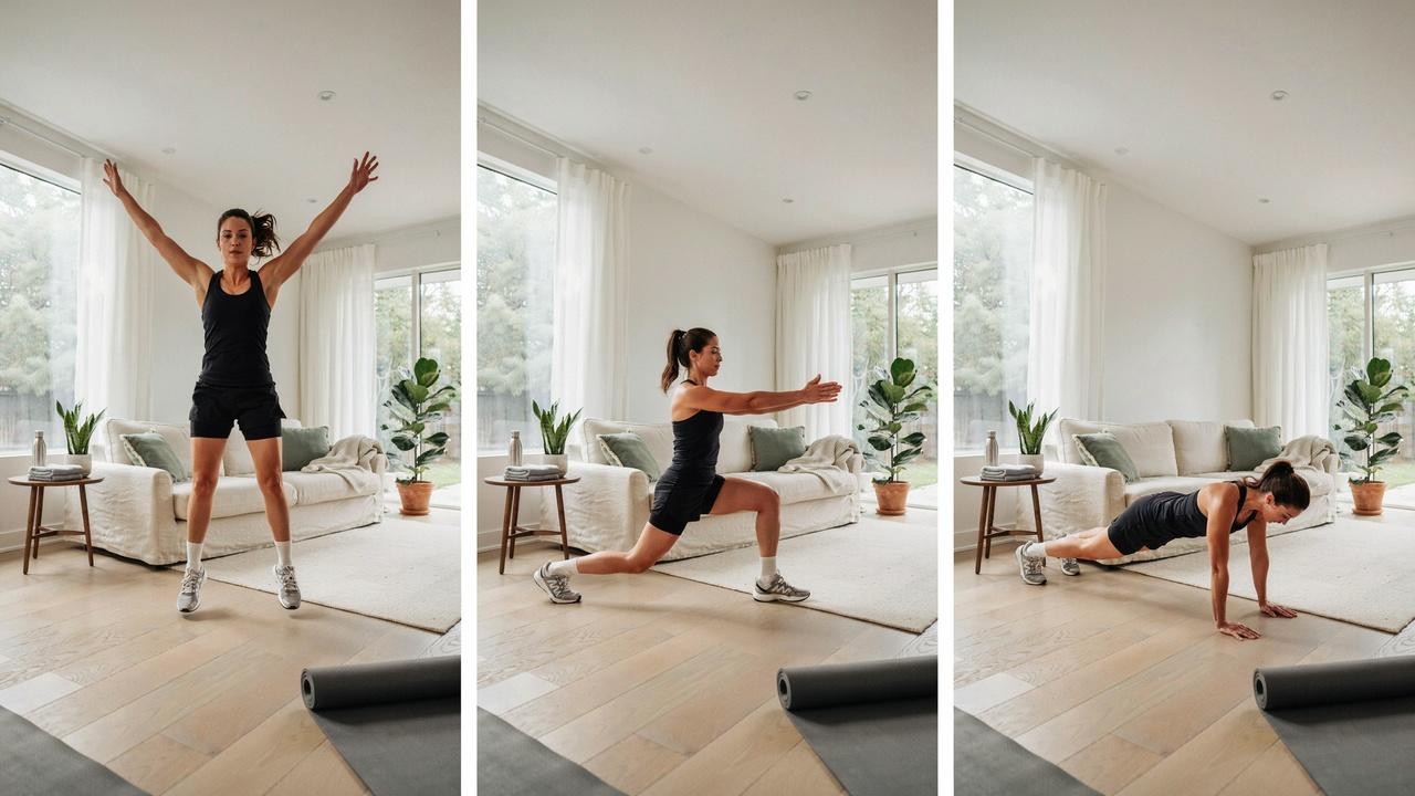 Person doing jumping jacks, lunges, and push ups during a home workout.