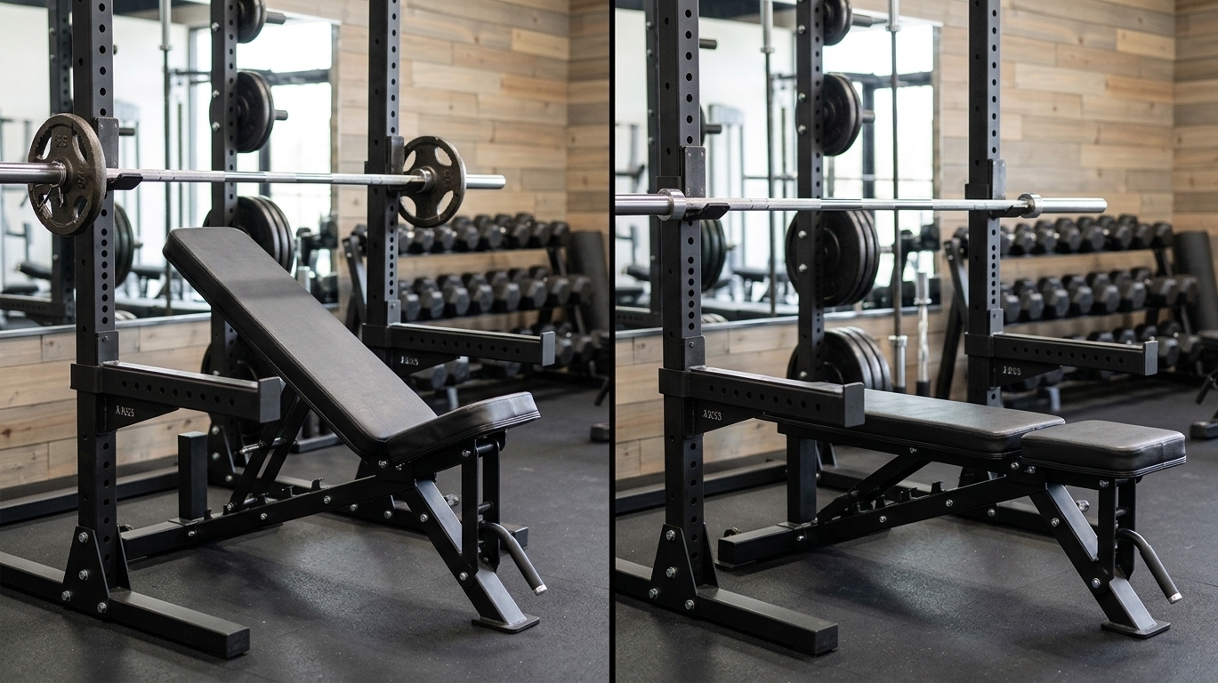 Flat bench and incline bench setup shown in gym with barbell rack and weights.