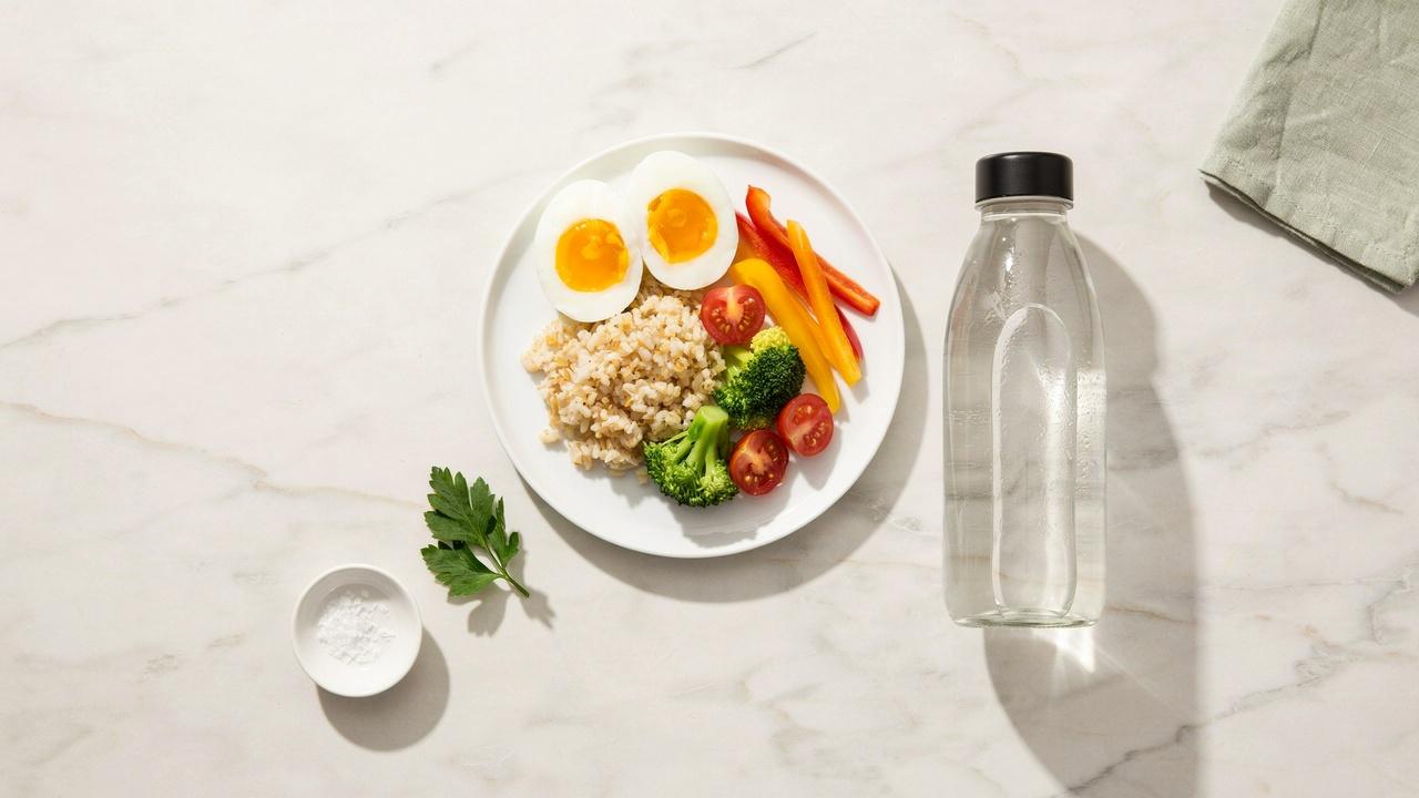 A plate with eggs, colorful vegetables, and whole grains beside a clear water bottle.