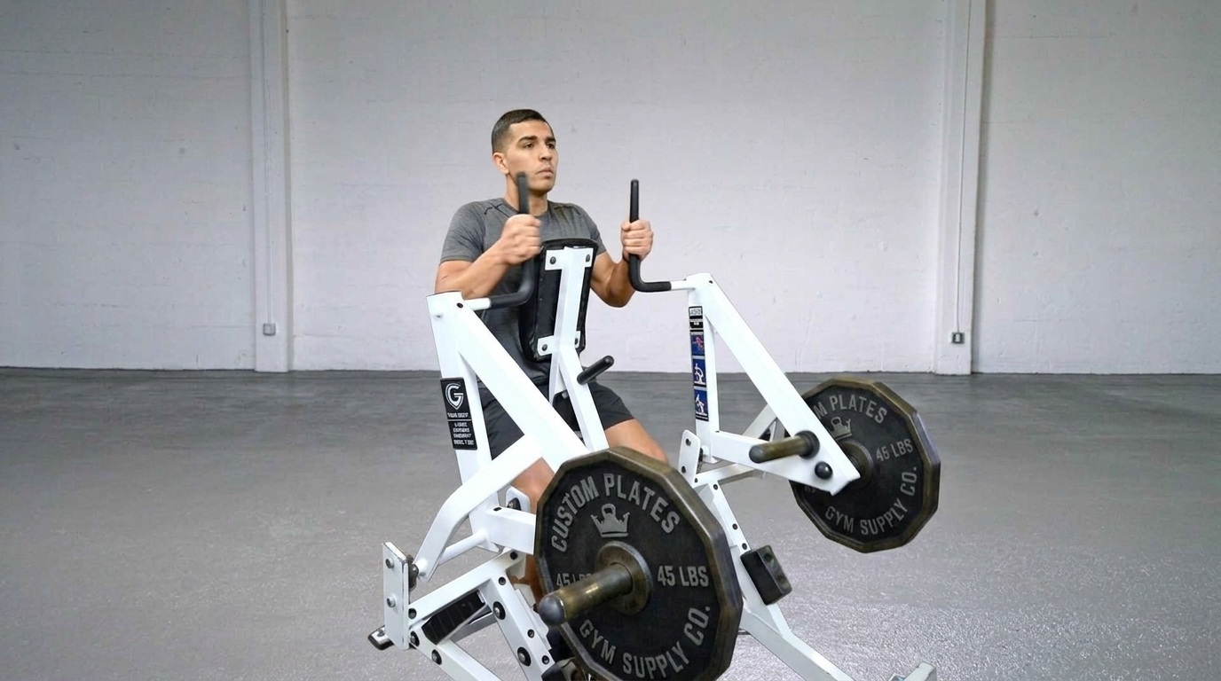 Man seated at a white Iso Lateral Row machine, gripping both handles and pulling with chest against the pad.