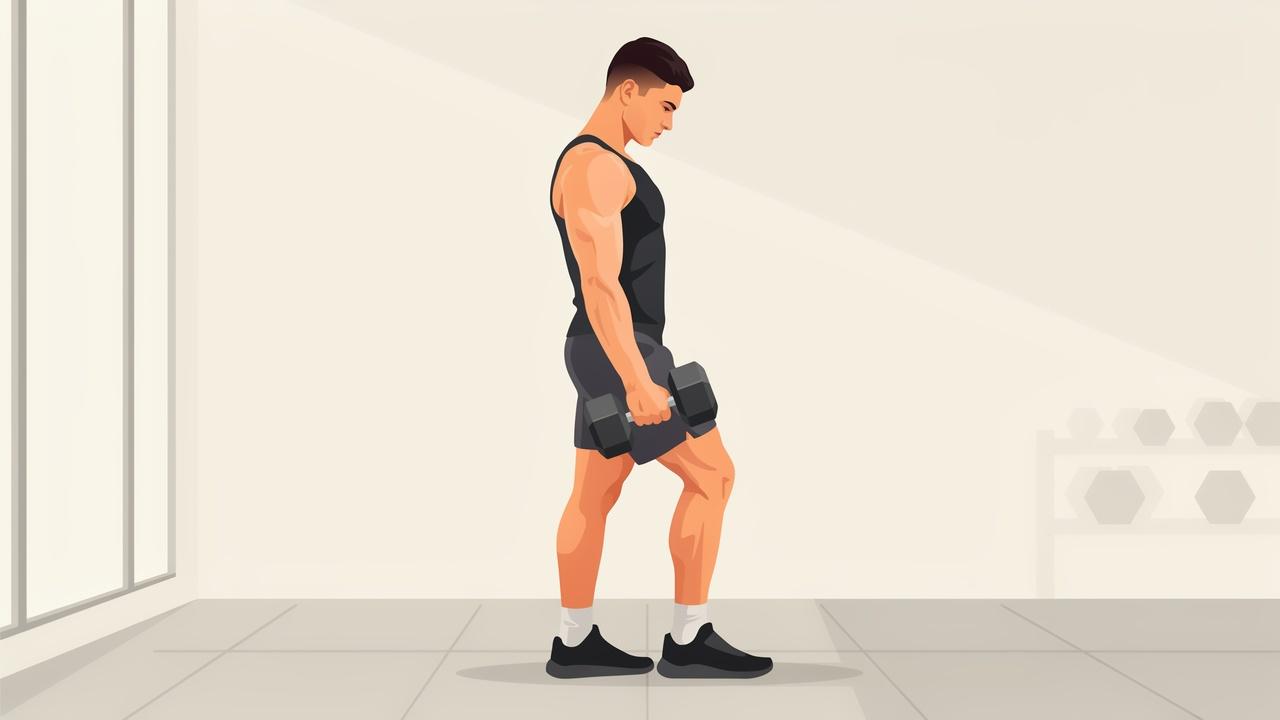 Person slowly lowering a dumbbell during a bicep curl, showing the eccentric phase of a rep with controlled muscle movement.
