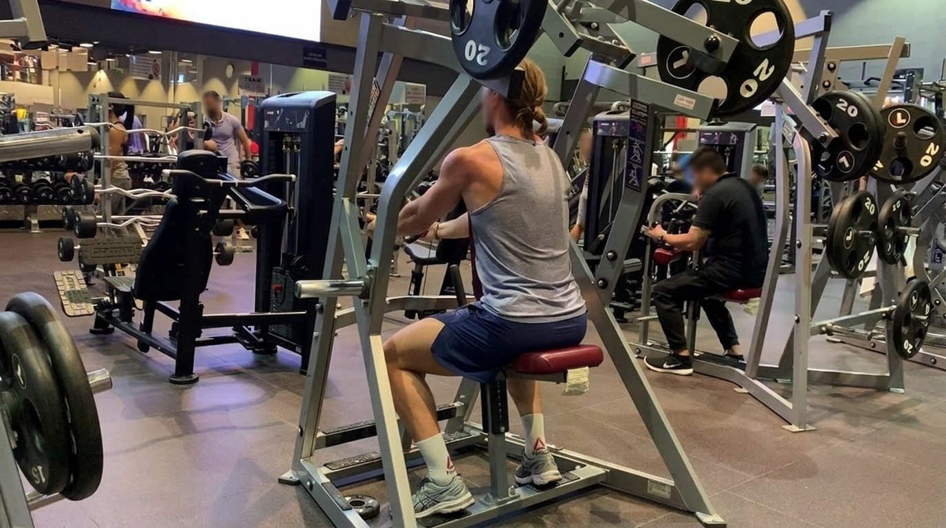 Man in a gray tank top using an Iso Lateral Row machine from behind, pulling handles to engage his mid-back.