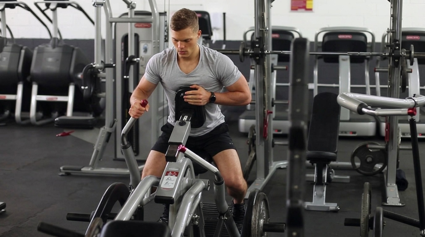 Man performing a single-arm Iso Lateral Row, pulling one handle while stabilizing his chest against the pad.