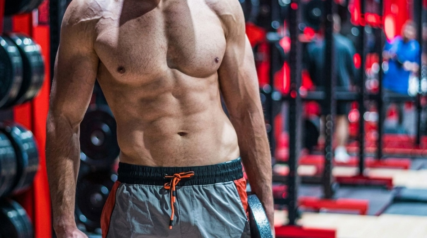 Shirtless man with defined chest and abs stands in a gym holding a weight plate, with red and black equipment in the background.