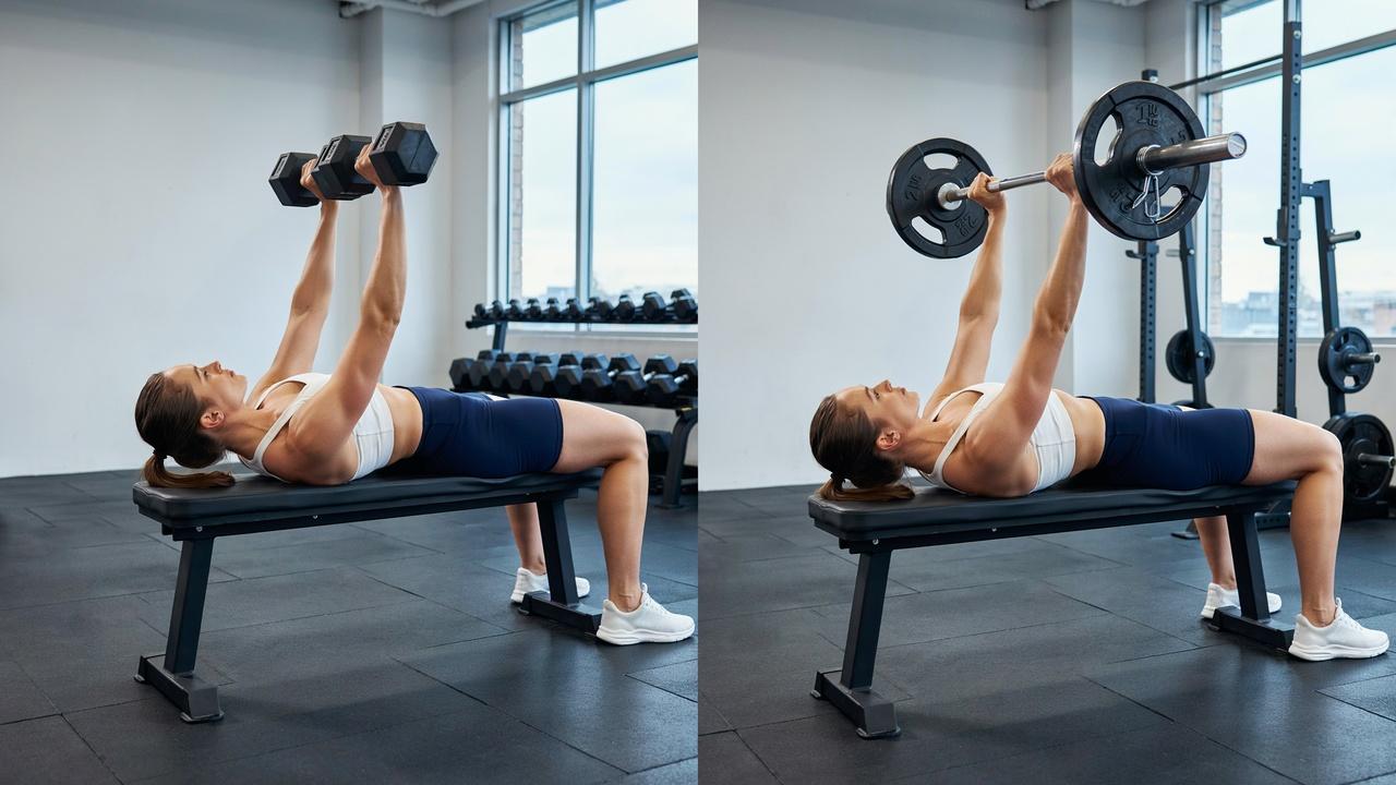 Woman performs flat dumbbell and barbell bench press exercises on a gym bench.