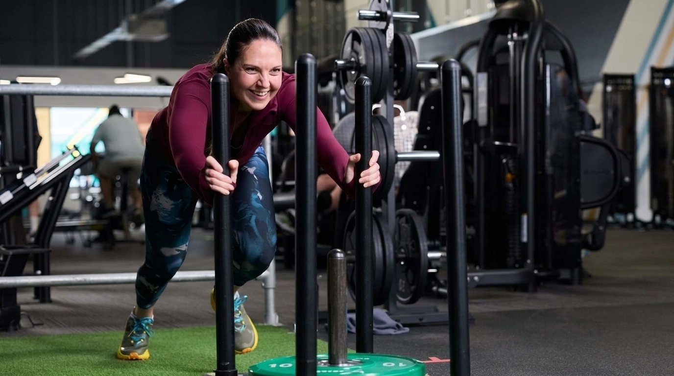 Smiling woman in a maroon top and patterned leggings pushes a sled with green weight plates in a busy gym.