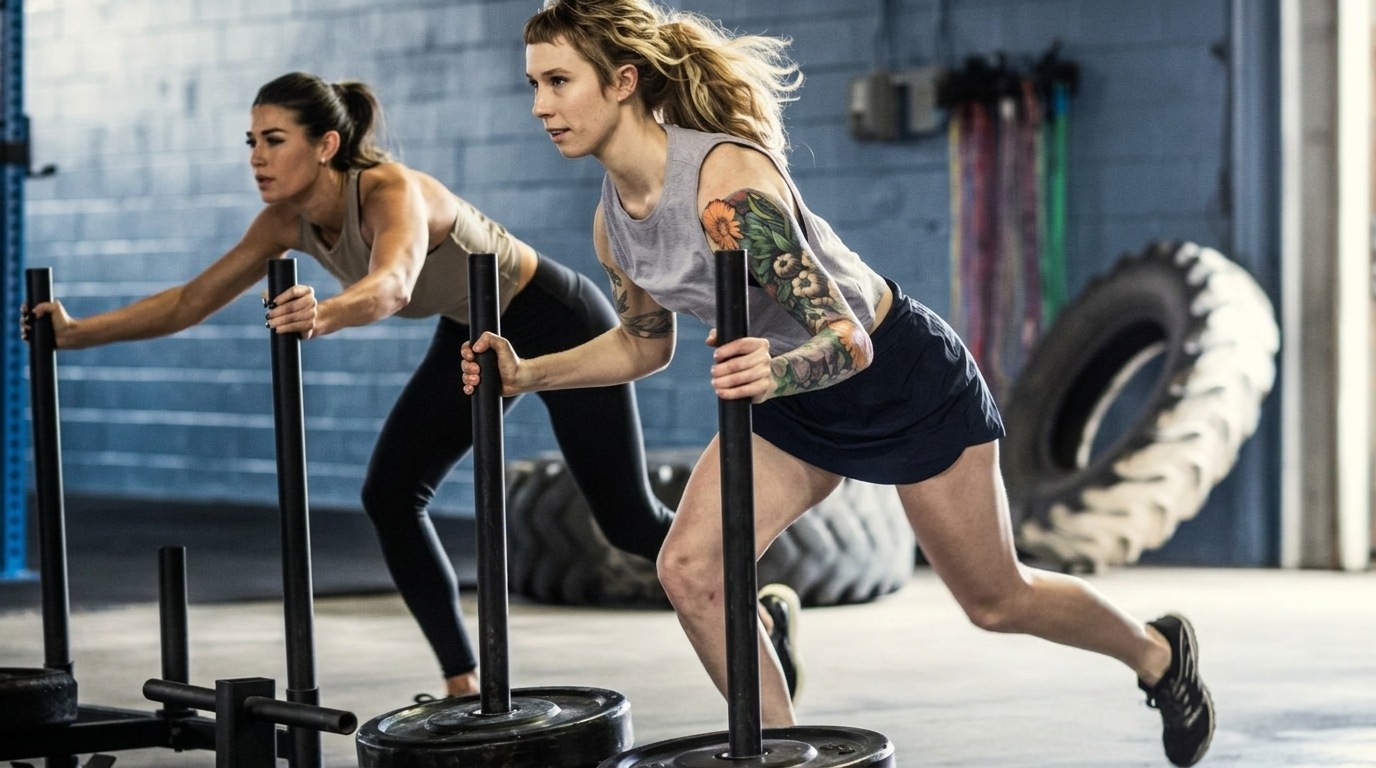 Two women drive weighted sleds forward in a gym, bodies low and arms extended on the push handles.