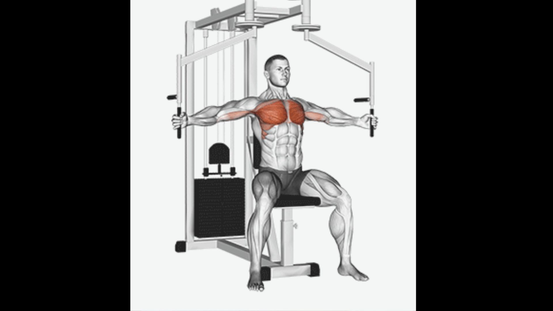A man using a pec deck machine to perform chest flyes in a gym.