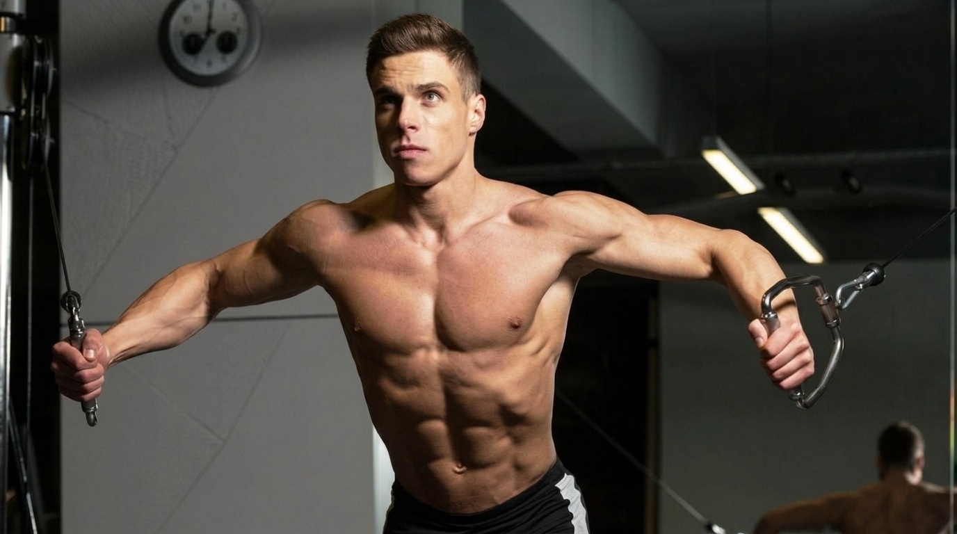 Shirtless man with arms extended performs a standing cable fly, gripping D-handles with cables at mid-level height.