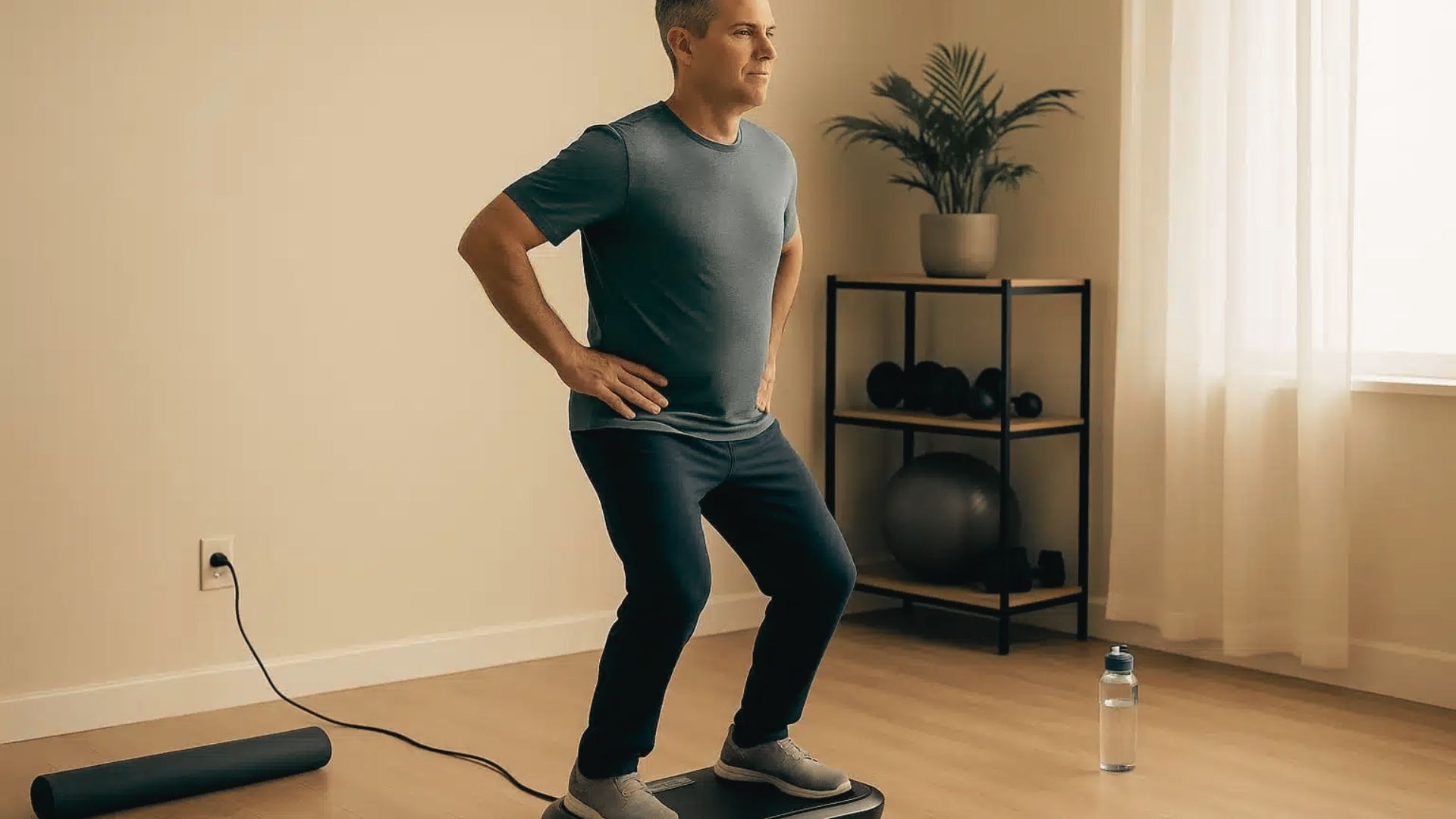 Man in a gray t-shirt and sweatpants holds a squat stance on a vibration plate with hands on his hips.