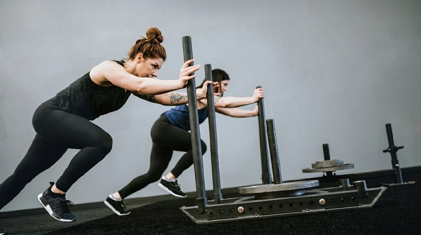 Two women in athletic wear drive weighted prowler sleds across gym turf, bodies angled low with hands on the vertical poles.