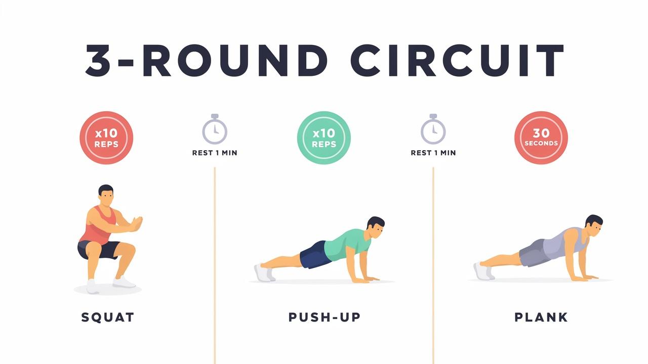 A fitness illustration showing three exercises, squats, push-ups, and a plank hold, with rep counts and a one-minute rest timer between rounds.