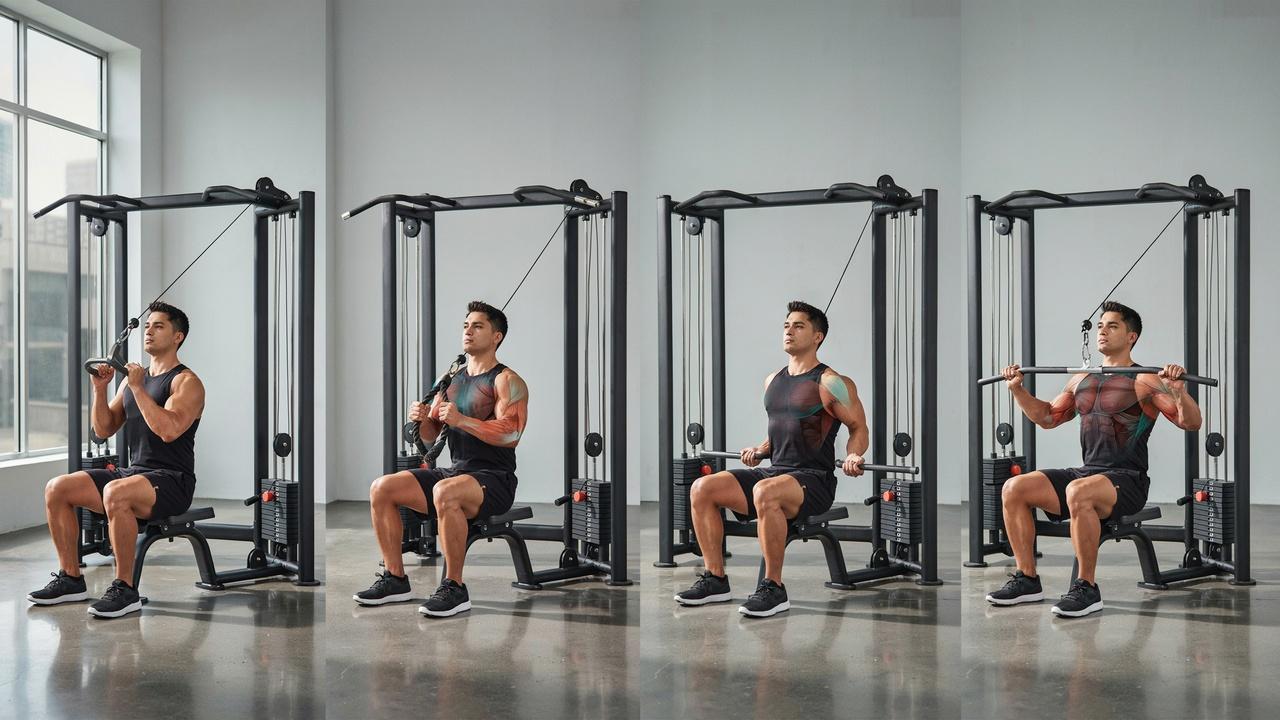 Different cable row grips and attachments affecting muscle emphasis.