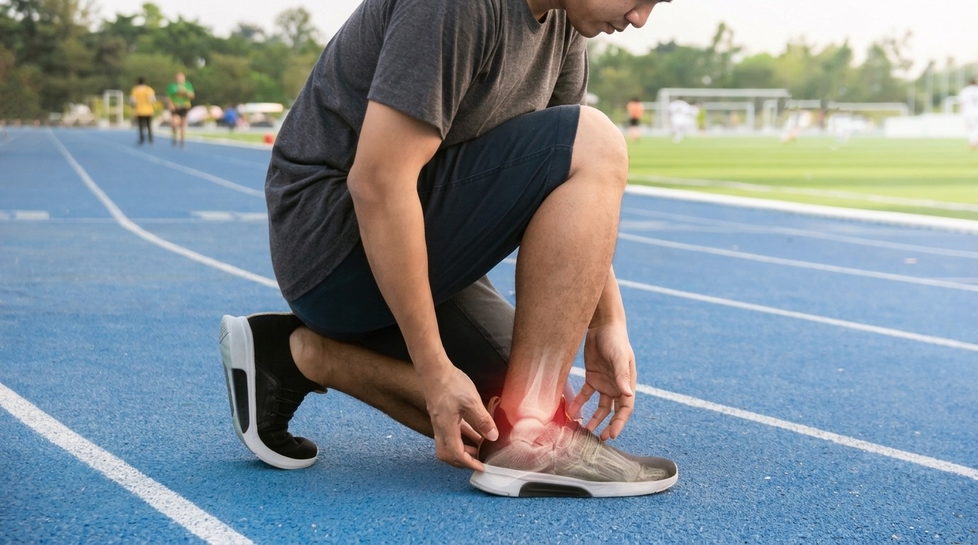 Man kneels on a blue track, inspecting his ankle with an x-ray overlay highlighting the joint.