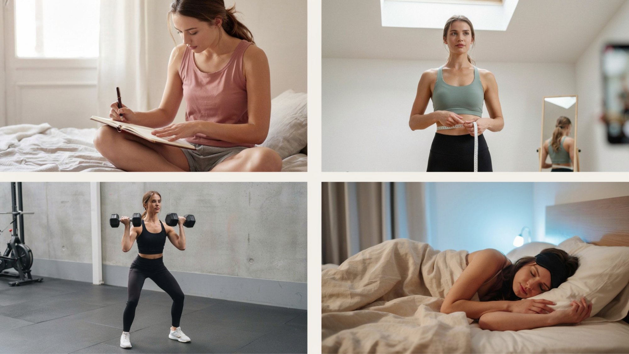 Beginner female body recomposition steps including goal setting, tracking progress, workouts, and recovery.