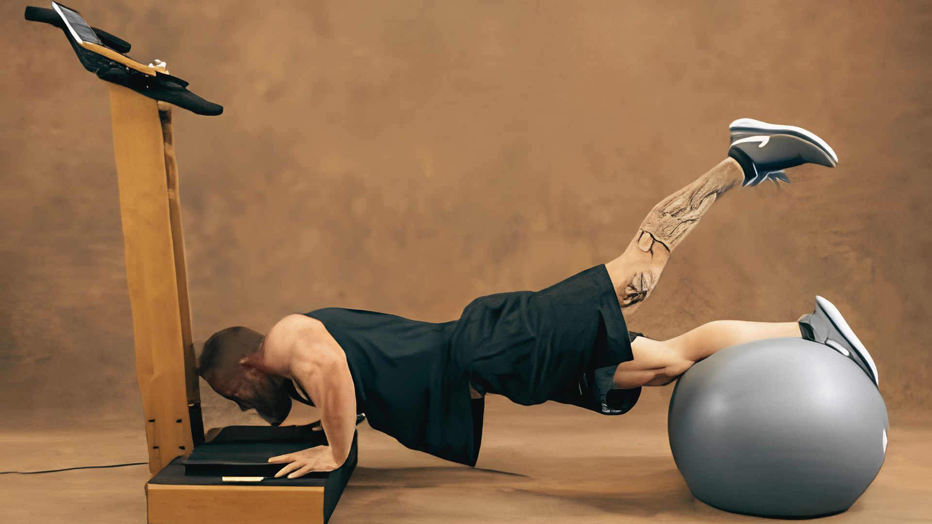 Man performs an advanced push-up with hands on a vibration plate and feet elevated on a stability ball.