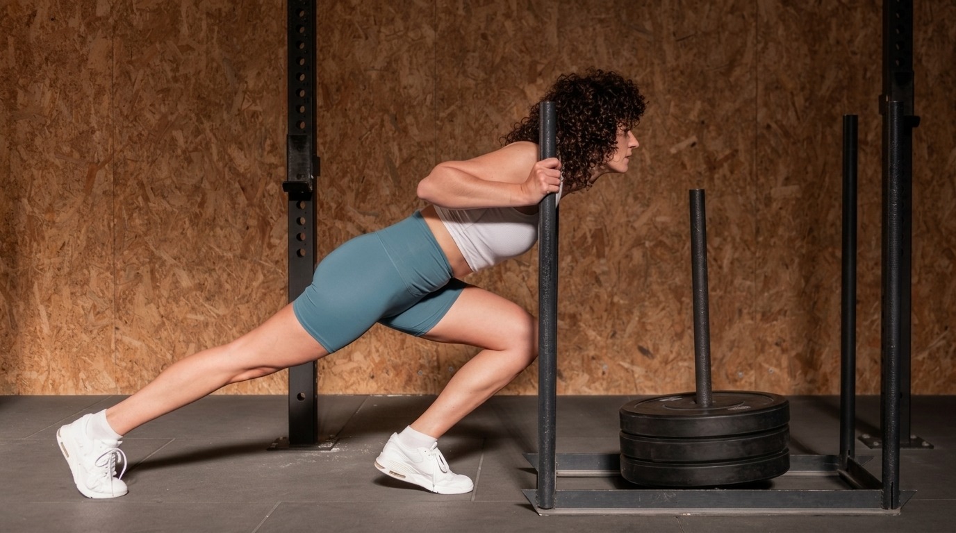 Woman with curly hair in teal shorts and white sneakers pushes a loaded sled, body nearly parallel to the floor.