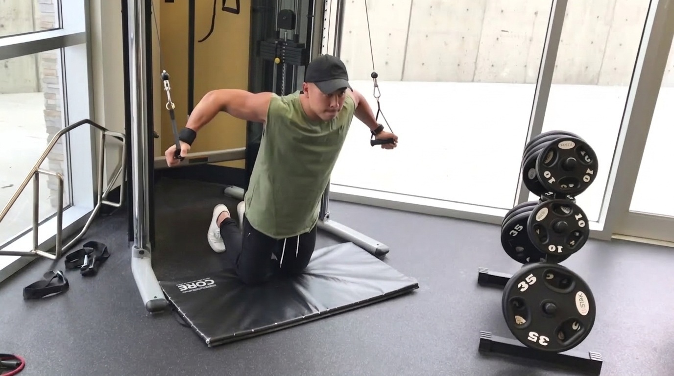 Man in an olive green sleeveless shirt and black cap kneels on a mat while doing a high-to-low cable fly with arms extended.