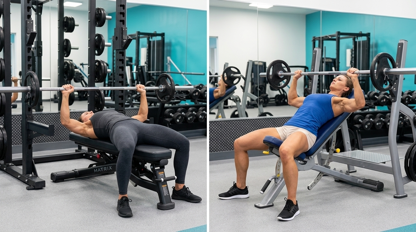 Two women perform a flat bench press and an incline bench press, respectively.