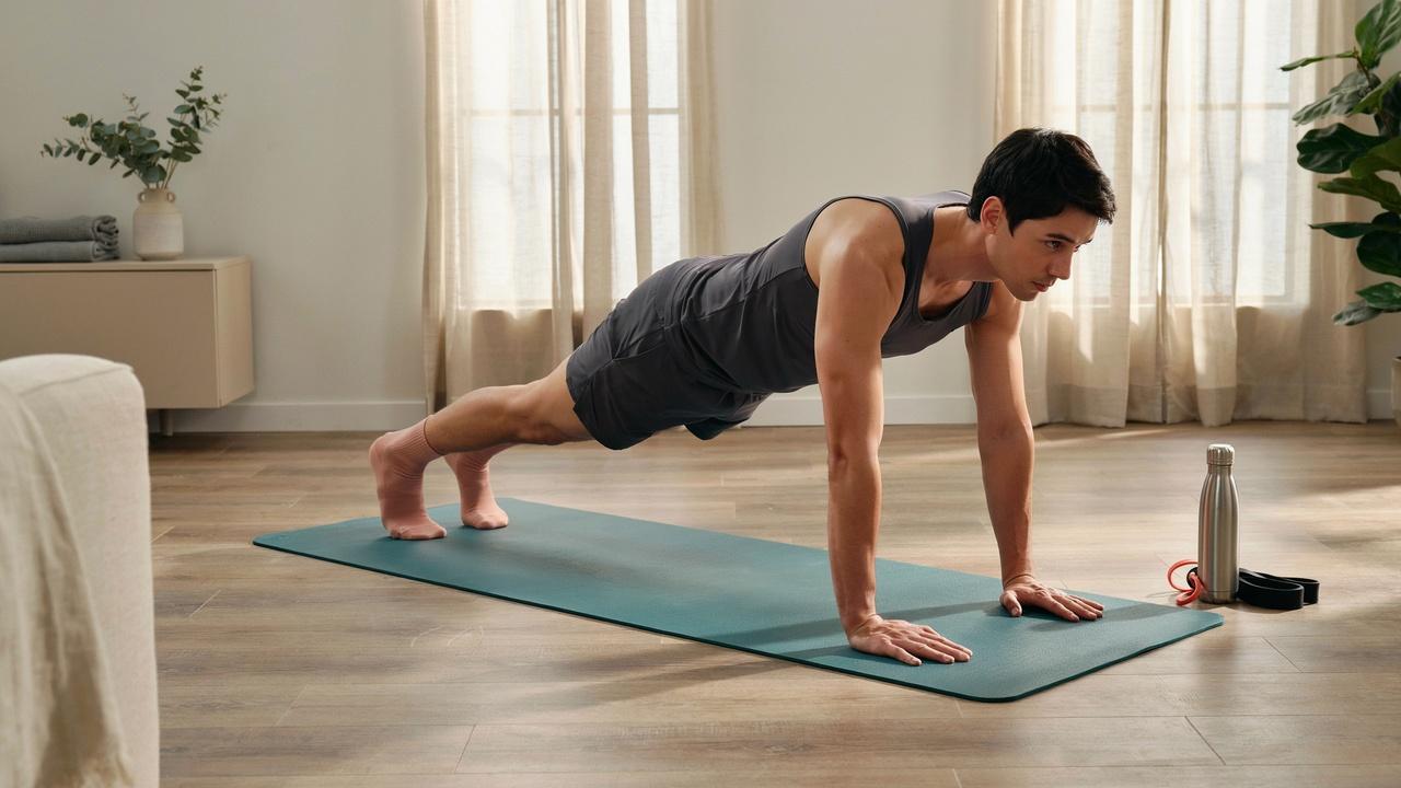 A fit person doing a push-up position on a yoga mat in the living room.