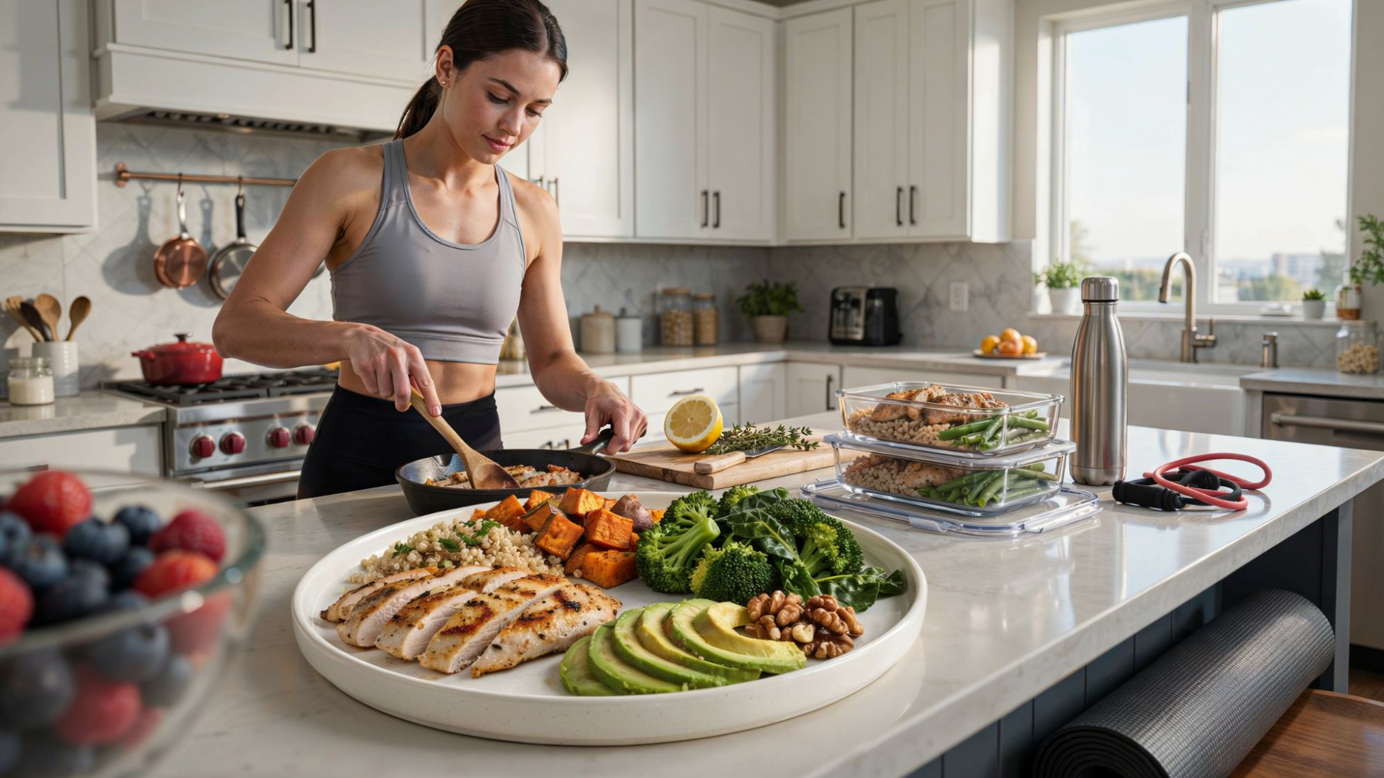 Balanced nutrition plan for female body recomposition featuring protein, carbohydrates, healthy fats, and vegetables.