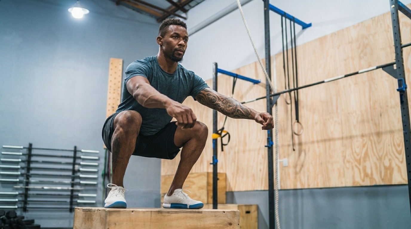 Man in a teal shirt performs a deep squat on a wooden plyo box inside a gym.