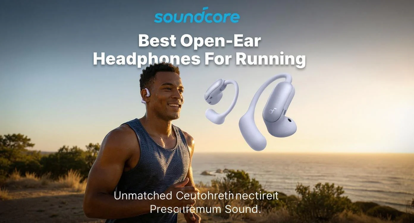 Runner wearing soundcore open-ear headphones on a coastal trail at sunset